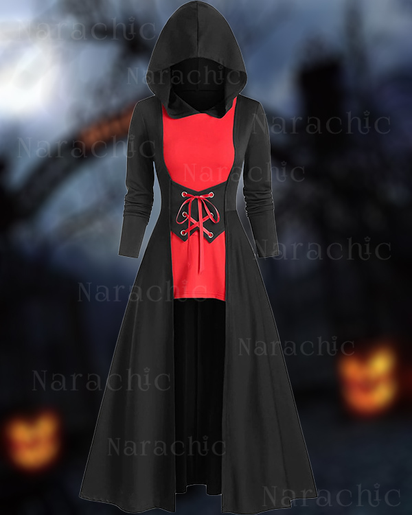 Halloween Midi Tie-Up Contrast Cape Long Sleeve Dress