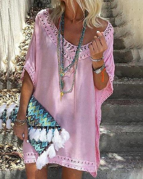 Women Summer Plus Size Dress Boho Solid Half Sleeve Vacation Dress