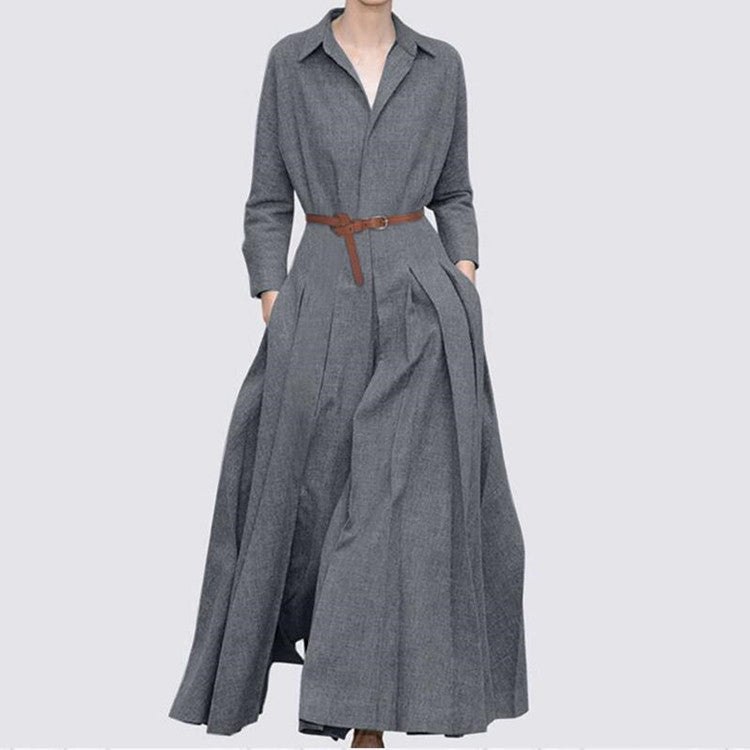 Women's A Line Solid Formal Ruched Lace up Pocket Collar Loose Maxi Dress