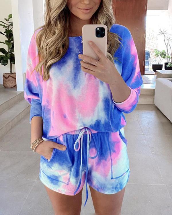 Tie Dye Long Sleeve Top And High Waist Shorts Women Loungewear