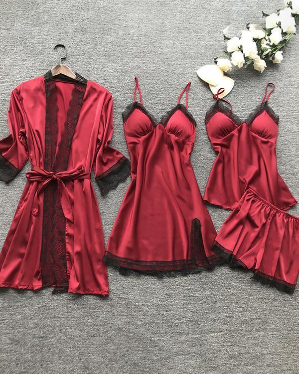 Satin Lace Trim 5PCS Sleepwear Sets