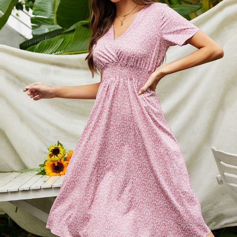 Floral Print Elastic Waist Surplice Front A-line Dress