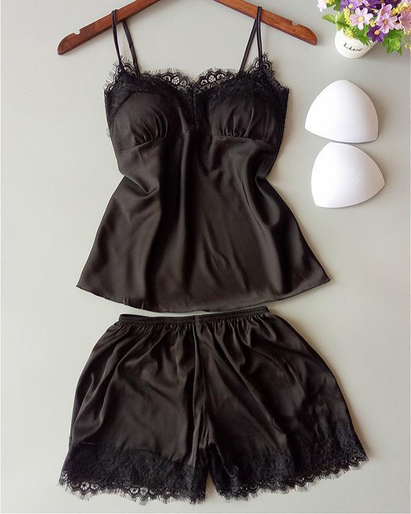 Satin Eyelash Lace Cami Set