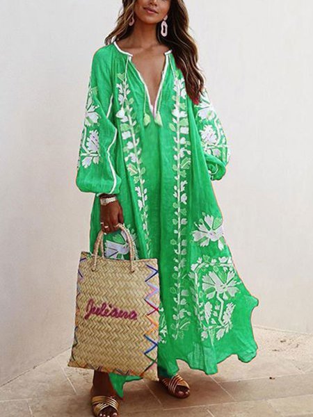 Women Printed Boho Casual Dress V Neck Holiday Maxi Dress