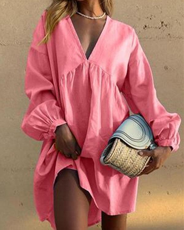 Linen Cotton V Neck Pleated Lantern Sleeve Mini Dress Casual Dress