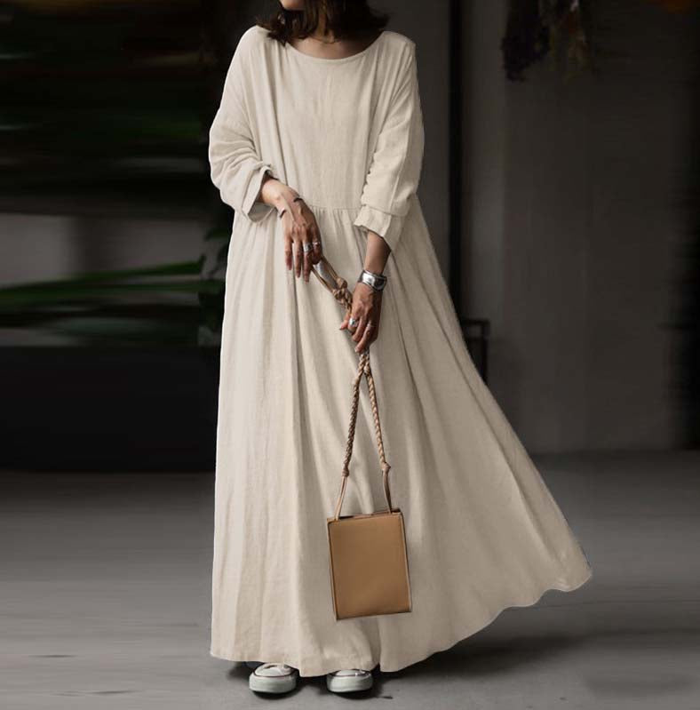 Women's Linen Casual Solid Patchwork Crew Neck Boho Loose Long Sleeve Maxi Dress