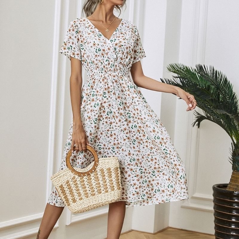 Floral Print Elastic Waist Surplice Front A-line Dress