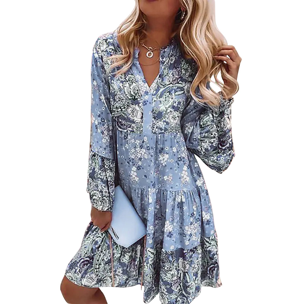 Boho Casual V Neck Long sleeve Woven Dress