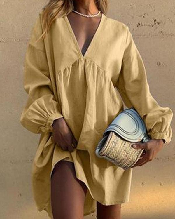Linen Cotton V Neck Pleated Lantern Sleeve Mini Dress Casual Dress