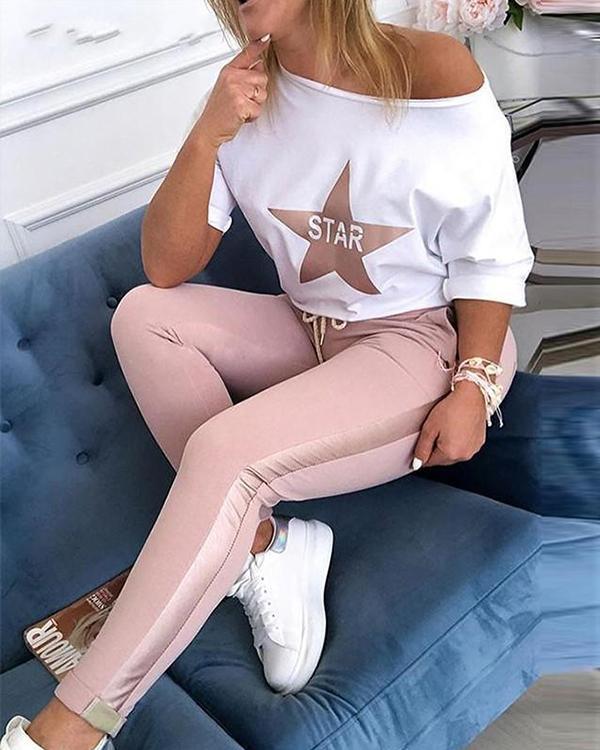 Women Spring sexy off shoulder Elastic Waist Tracksuit sets